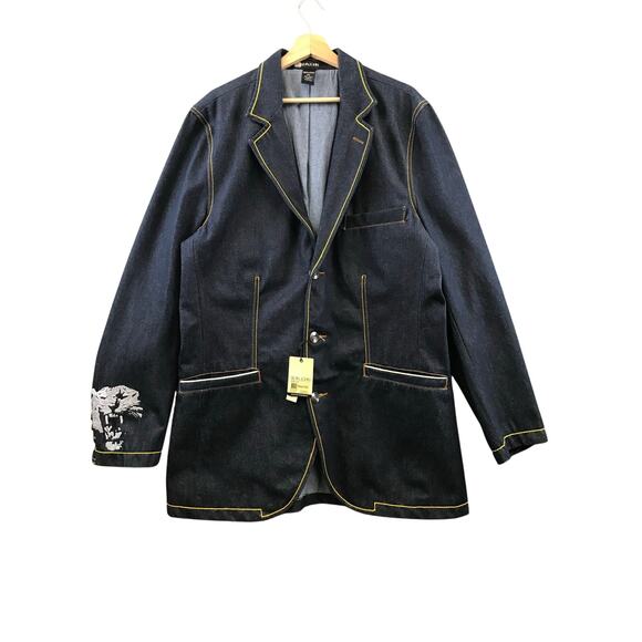 New Sean John Denim Blazer Jacket Embroidered Tiger Mens Size XXL Y2K - Picture 1 of 10